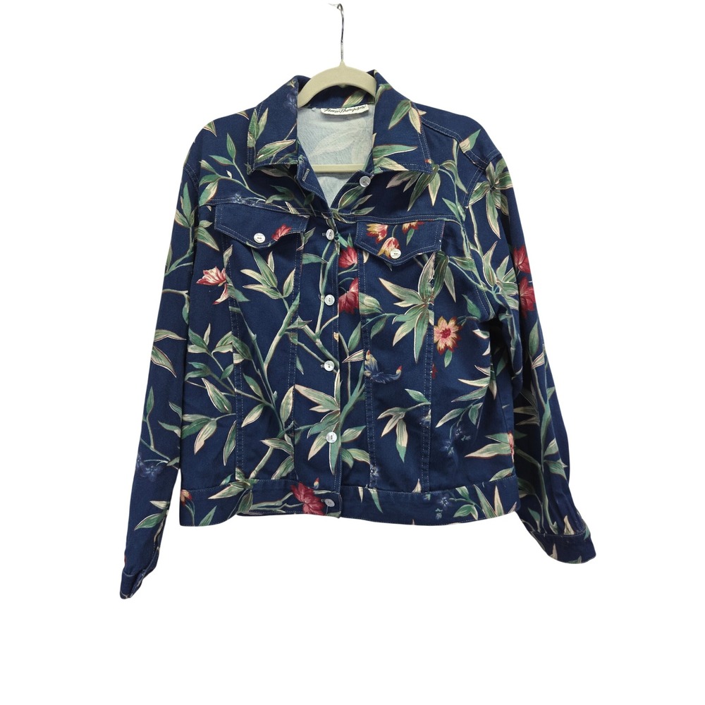 Norm Thompson Blue Tropical Floral Cotton Twill Trucker Jacket Womens Large